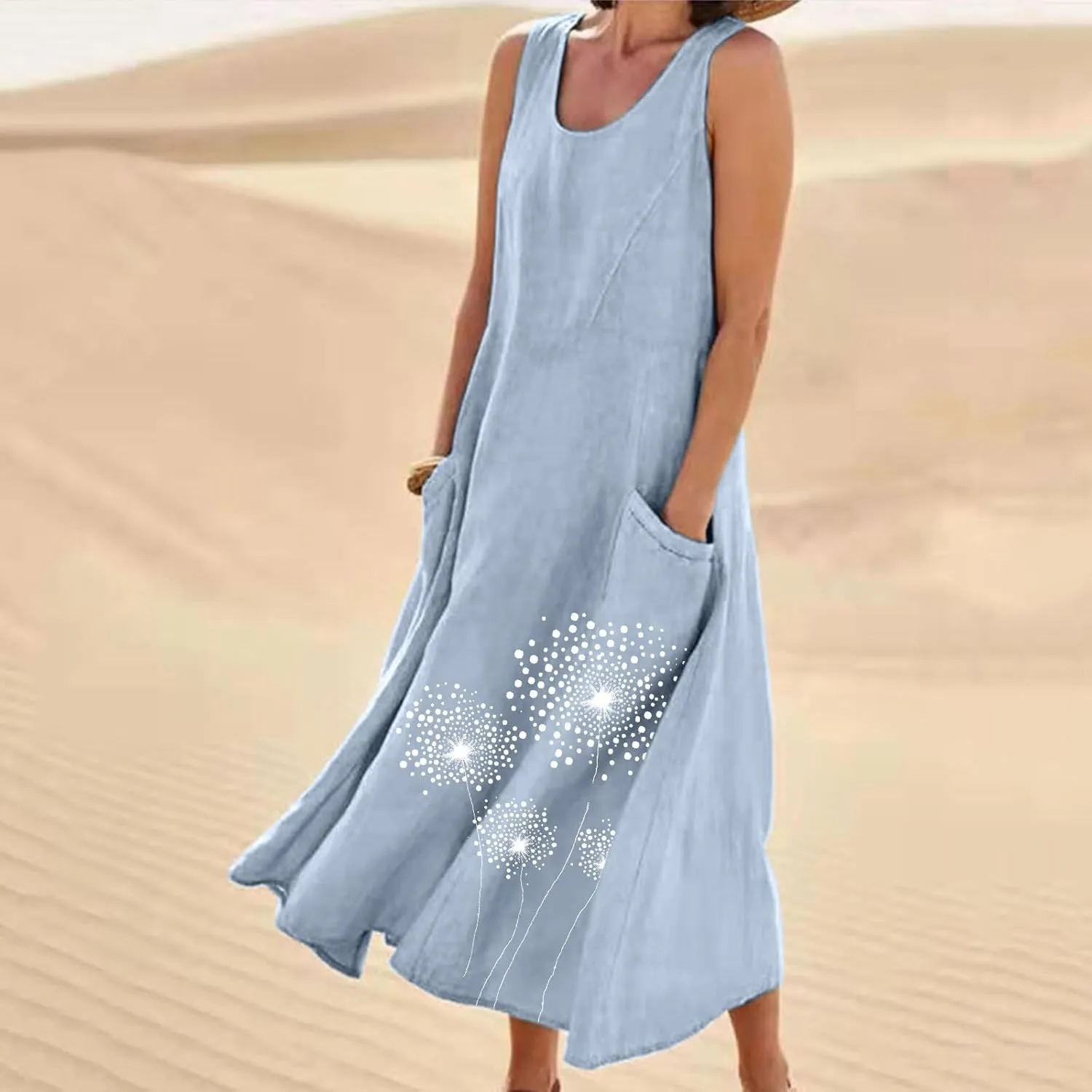 Women's Casual Cotton Linen Plus Size Dresses Summer Boho Floral Print Loose Midi Dresses Sleeveless Flowy Tank Dress