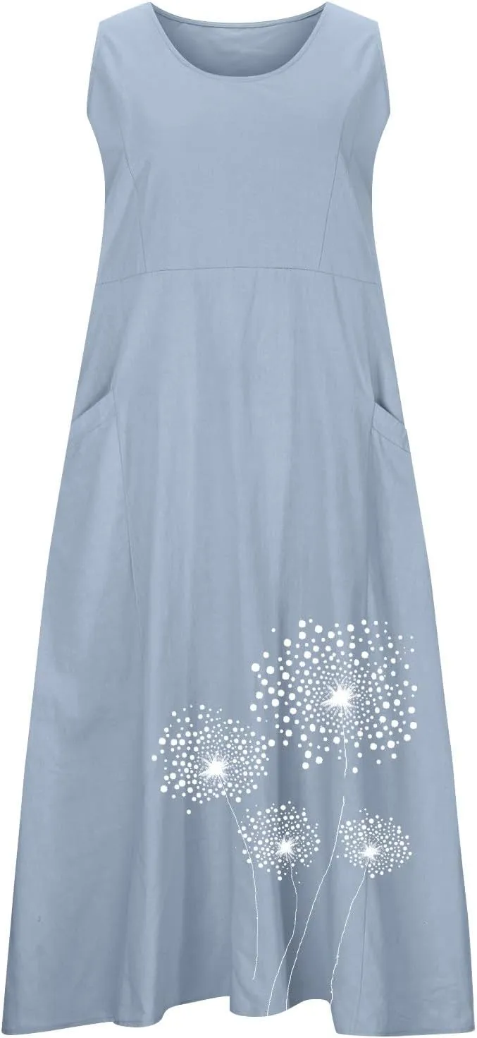 Women's Casual Cotton Linen Plus Size Dresses Summer Boho Floral Print Loose Midi Dresses Sleeveless Flowy Tank Dress