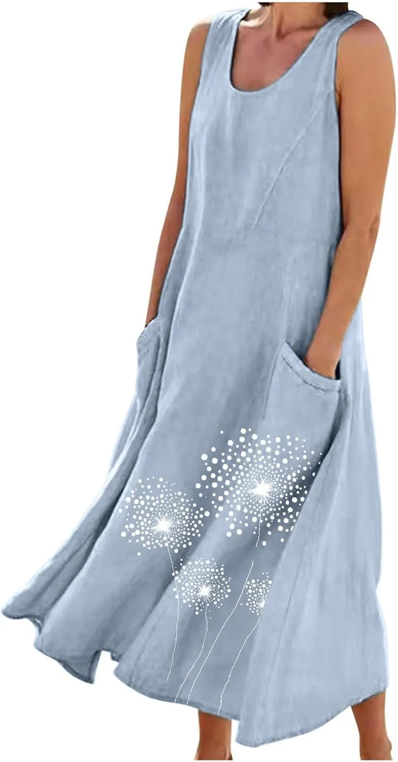 Women's Casual Cotton Linen Plus Size Dresses Summer Boho Floral Print Loose Midi Dresses Sleeveless Flowy Tank Dress