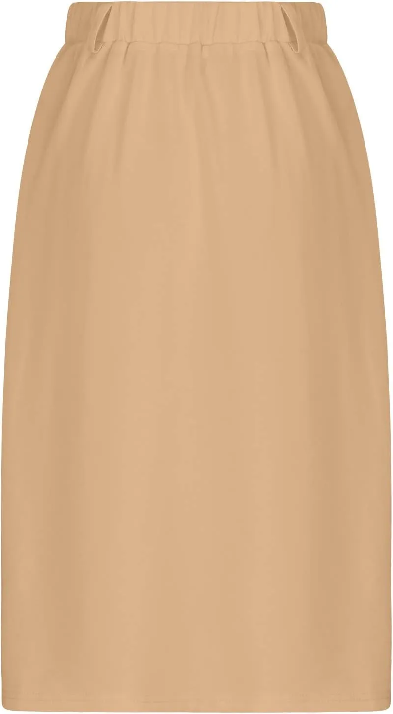Womens Casual Pleated Midi Skirt High Elastic Waisted Flowy Long Skirts Fall Winter Button Down Solid Color Midi Skirt