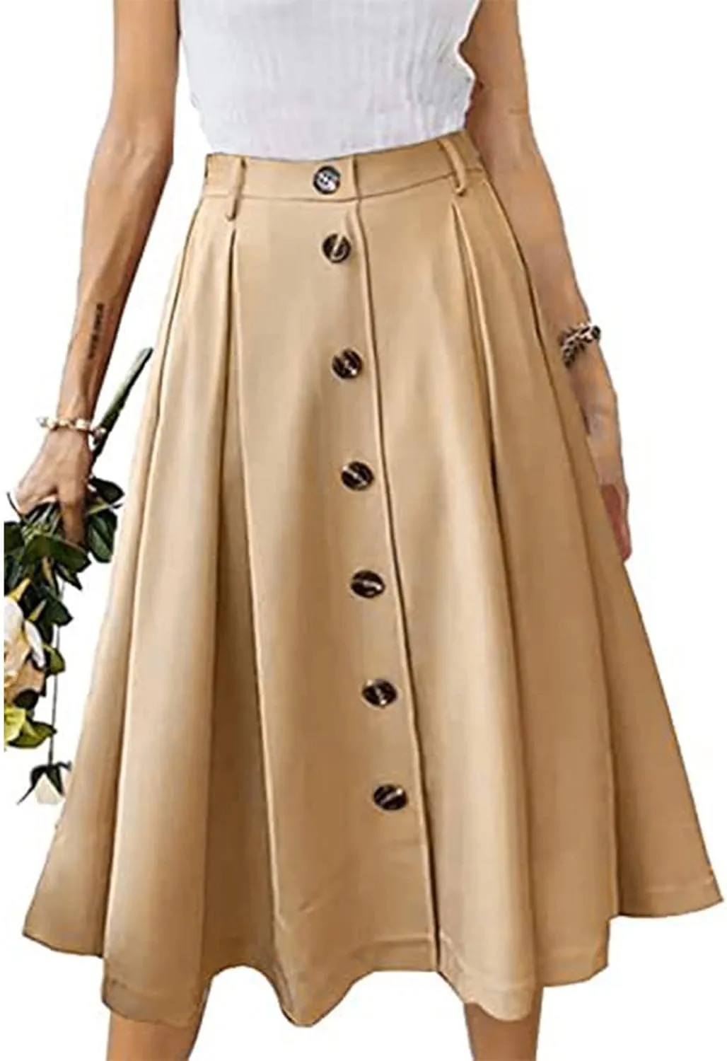 Womens Casual Pleated Midi Skirt High Elastic Waisted Flowy Long Skirts Fall Winter Button Down Solid Color Midi Skirt
