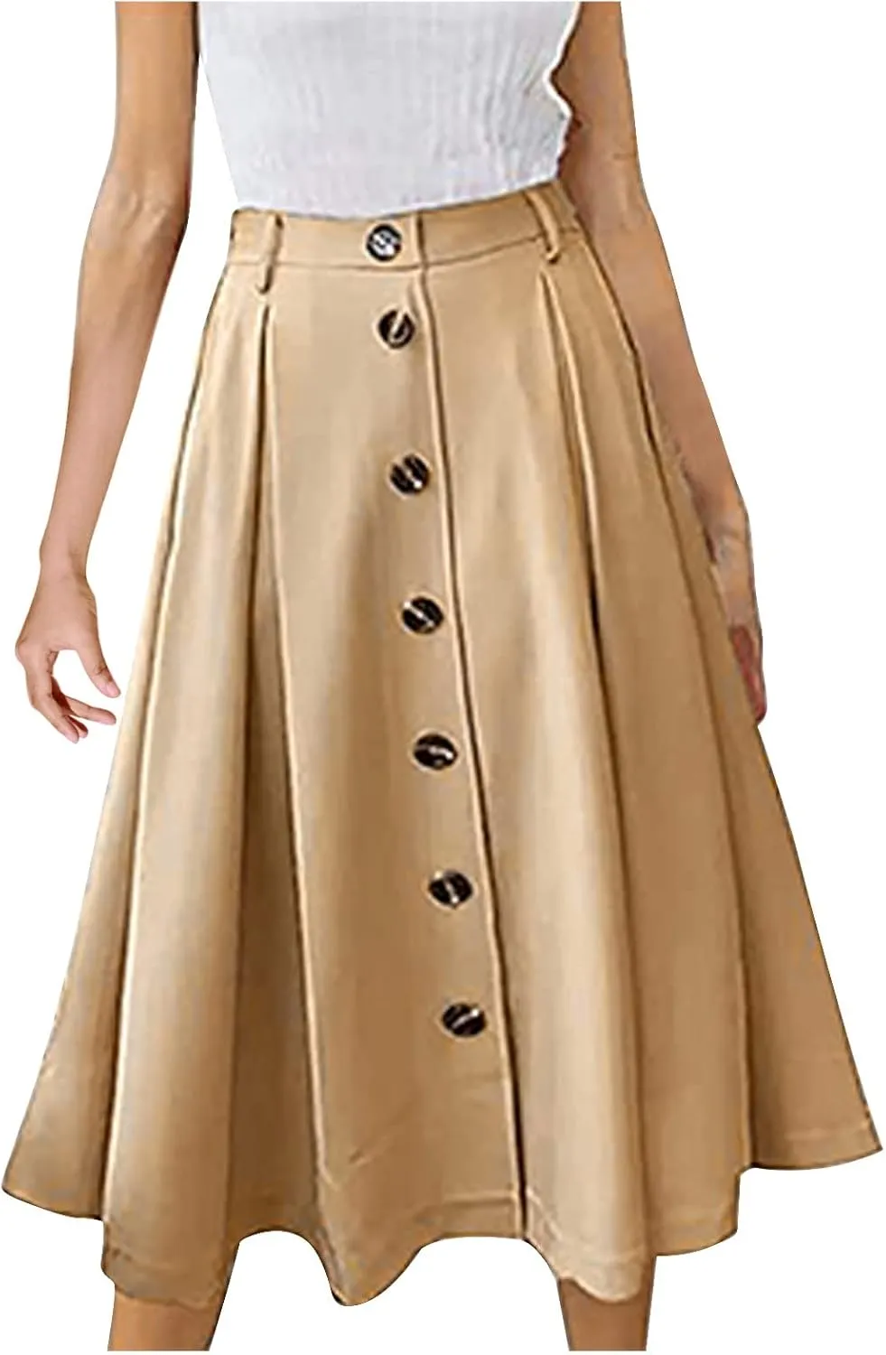 Womens Casual Pleated Midi Skirt High Elastic Waisted Flowy Long Skirts Fall Winter Button Down Solid Color Midi Skirt