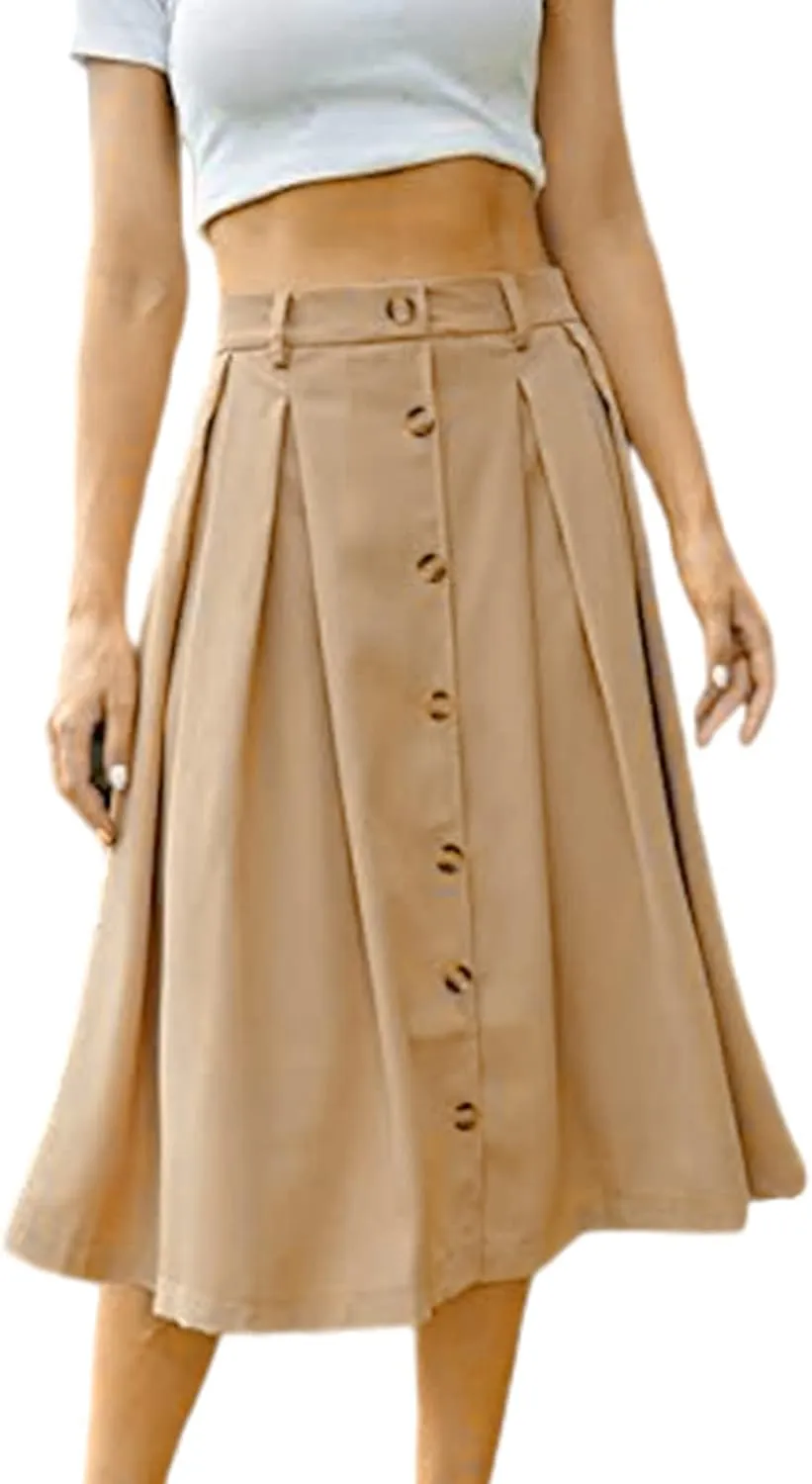 Womens Casual Pleated Midi Skirt High Elastic Waisted Flowy Long Skirts Fall Winter Button Down Solid Color Midi Skirt