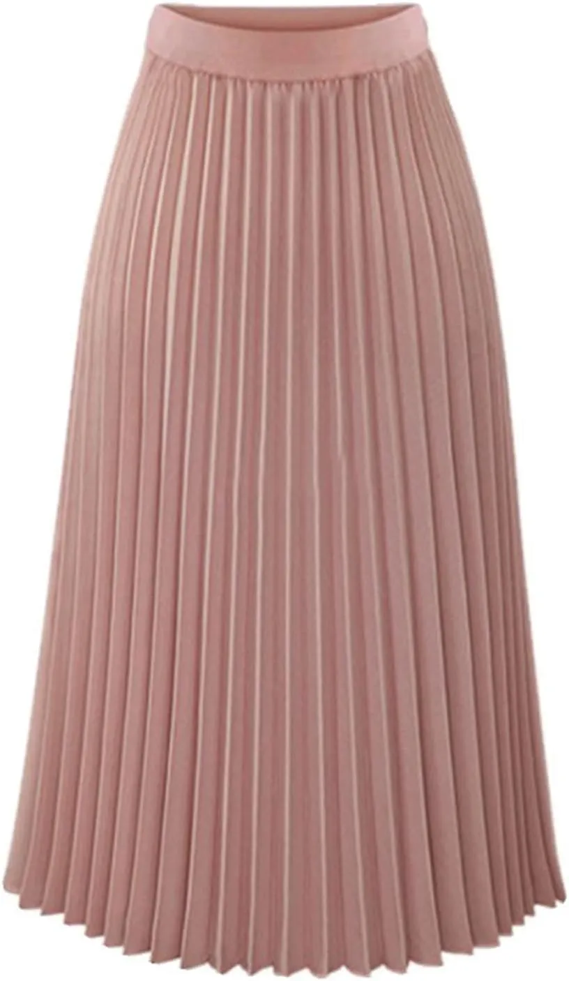 Women's Chiffon Pleated Midi Skirt High Waist Swing Boho Pleated Skirt Casual Solid Color Elastic A-Line Long Skirts