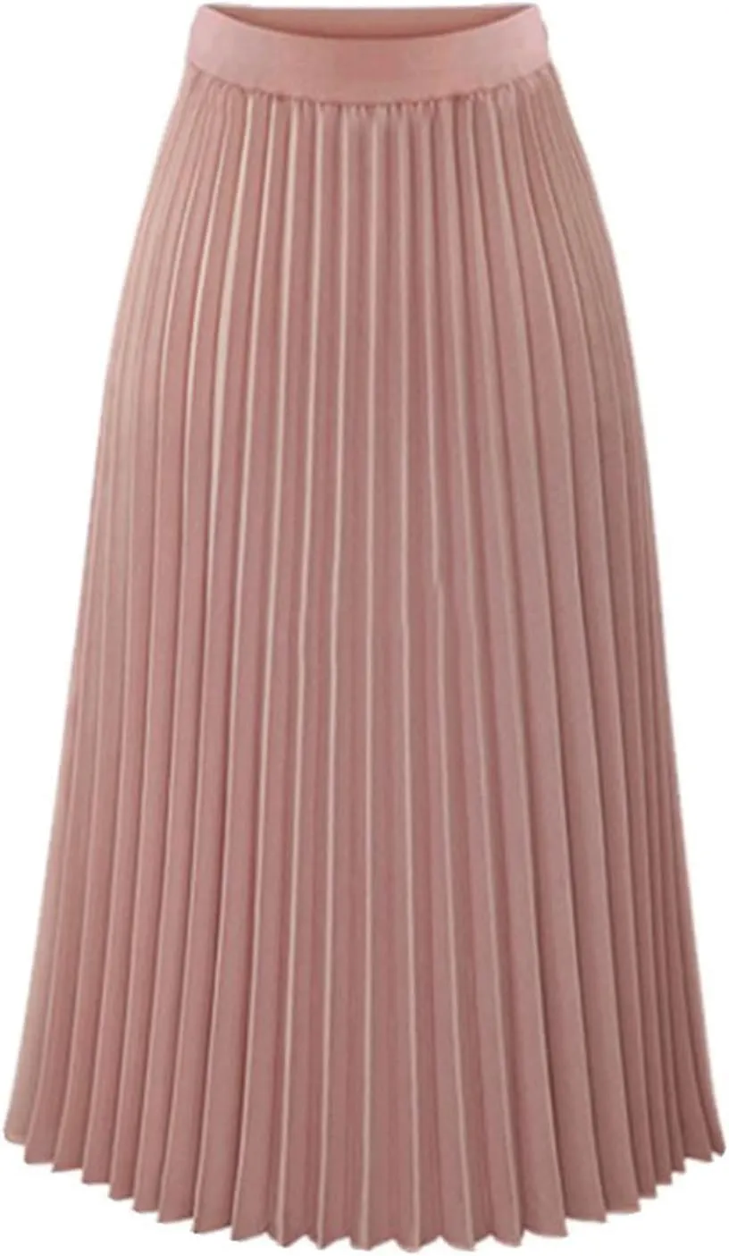 Women's Chiffon Pleated Midi Skirt High Waist Swing Boho Pleated Skirt Casual Solid Color Elastic A-Line Long Skirts