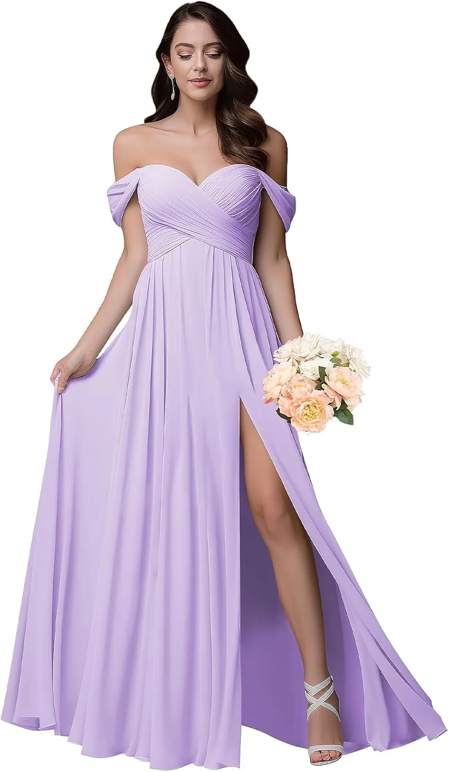 Women's Chiffon V-Neck Bridesmaid Dresses Long 2024 Off Shoulder Prom Dresses with Slit