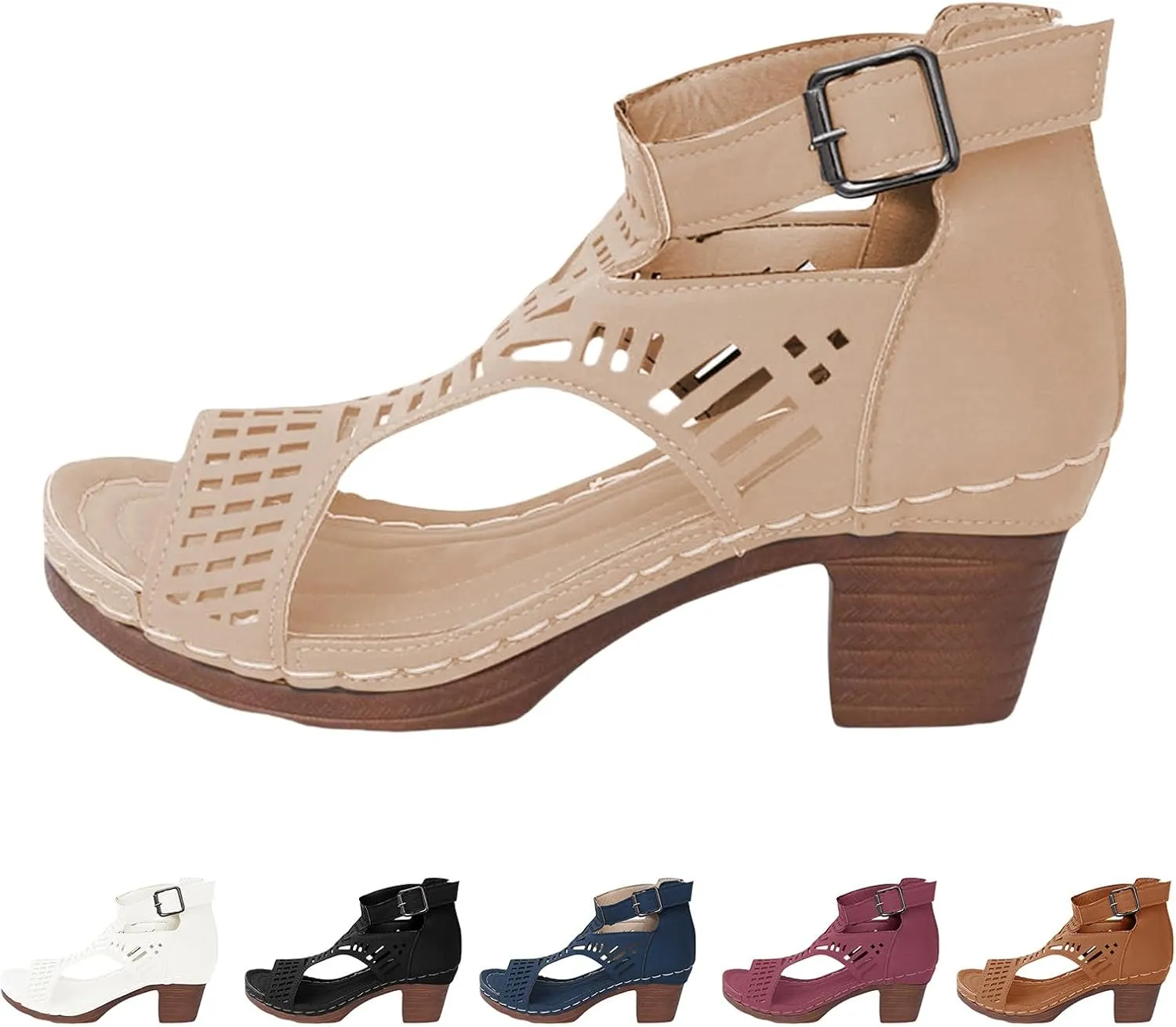 Womens Chunky Heels Sandals Open Toe Hollow Out Breathable Ankle Strap Sandal Elegant Wedding Party Comfortable Outdoor Walking Summer Vacation Dating Shoes