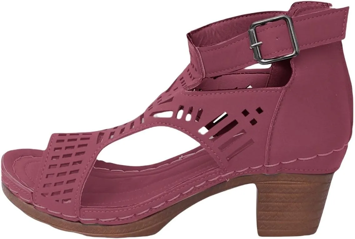 Womens Chunky Heels Sandals Open Toe Hollow Out Breathable Ankle Strap Sandal Elegant Wedding Party Comfortable Outdoor Walking Summer Vacation Dating Shoes