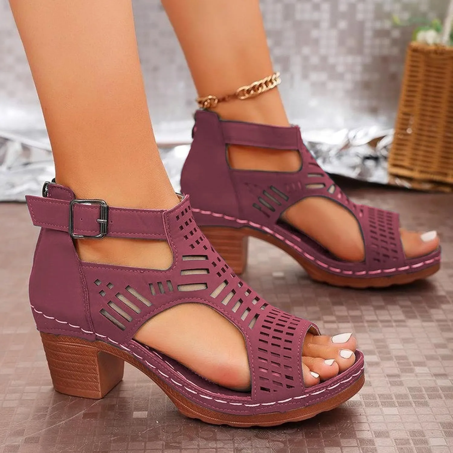 Womens Chunky Heels Sandals Open Toe Hollow Out Breathable Ankle Strap Sandal Elegant Wedding Party Comfortable Outdoor Walking Summer Vacation Dating Shoes