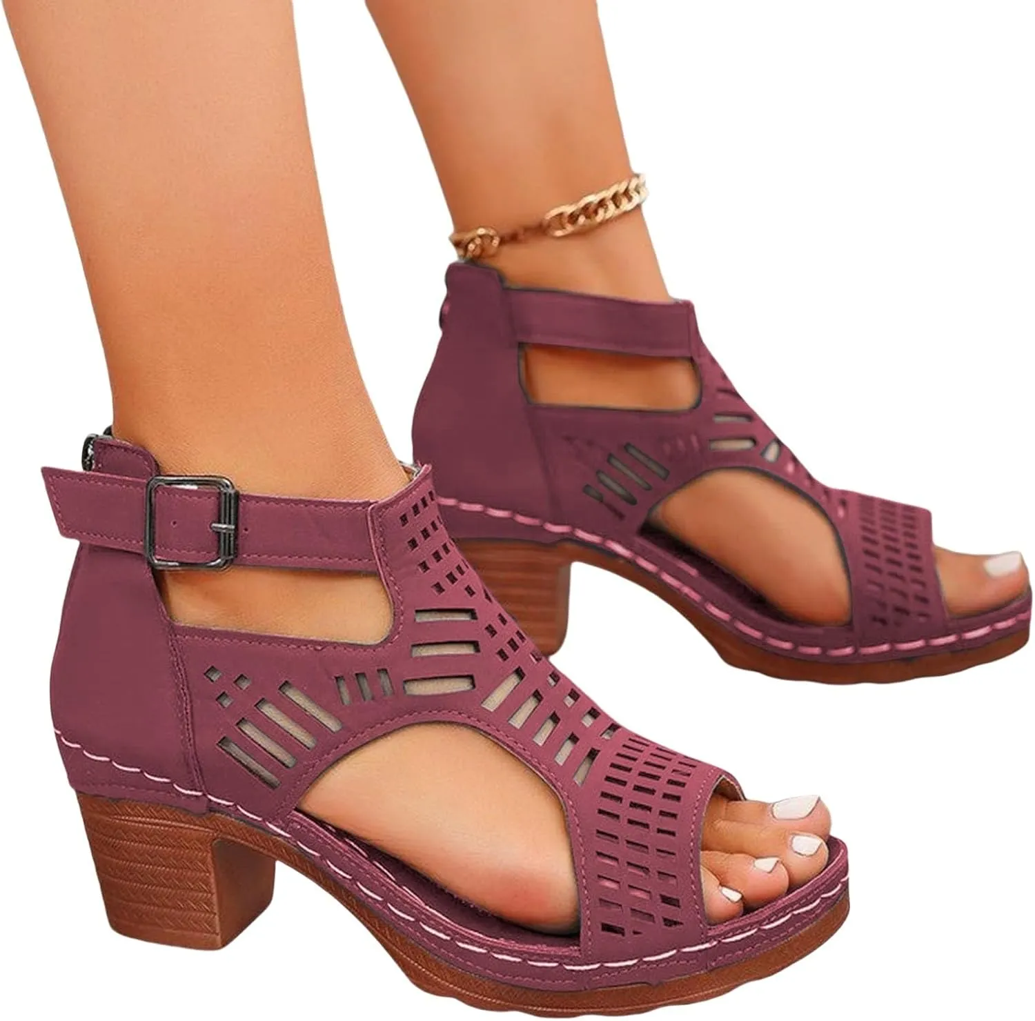 Womens Chunky Heels Sandals Open Toe Hollow Out Breathable Ankle Strap Sandal Elegant Wedding Party Comfortable Outdoor Walking Summer Vacation Dating Shoes