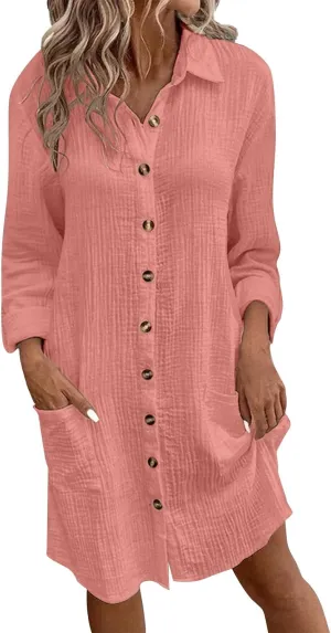 Womens Cotton Linen Dresses Fall Button Down Lapel Collar Long Sleeve Knee Length Tunic Shirt Midi Dress with Pockets
