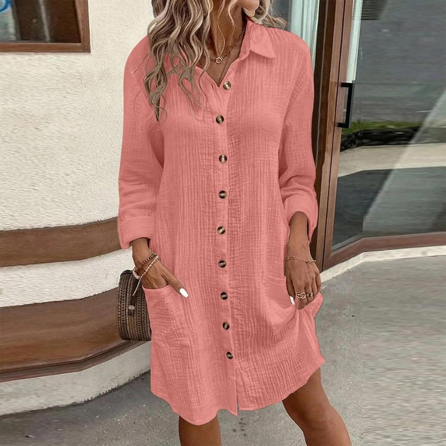 Womens Cotton Linen Dresses Fall Button Down Lapel Collar Long Sleeve Knee Length Tunic Shirt Midi Dress with Pockets