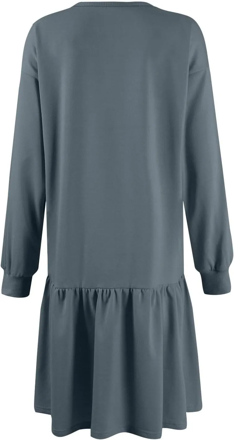 Womens Crewneck Long Sleeve Fall Dresses 2024 Trendy Mini Ruffle Skirts Casual Loose Patchwork Sweatshirt Pullover Tops