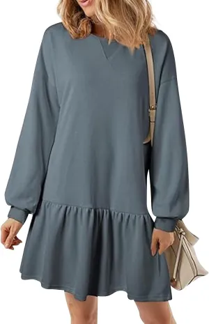 Womens Crewneck Long Sleeve Fall Dresses 2024 Trendy Mini Ruffle Skirts Casual Loose Patchwork Sweatshirt Pullover Tops