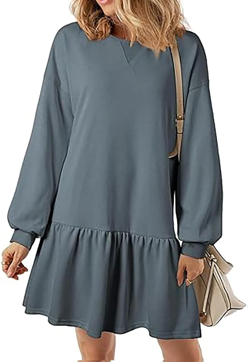 Womens Crewneck Long Sleeve Fall Dresses 2024 Trendy Mini Ruffle Skirts Casual Loose Patchwork Sweatshirt Pullover Tops
