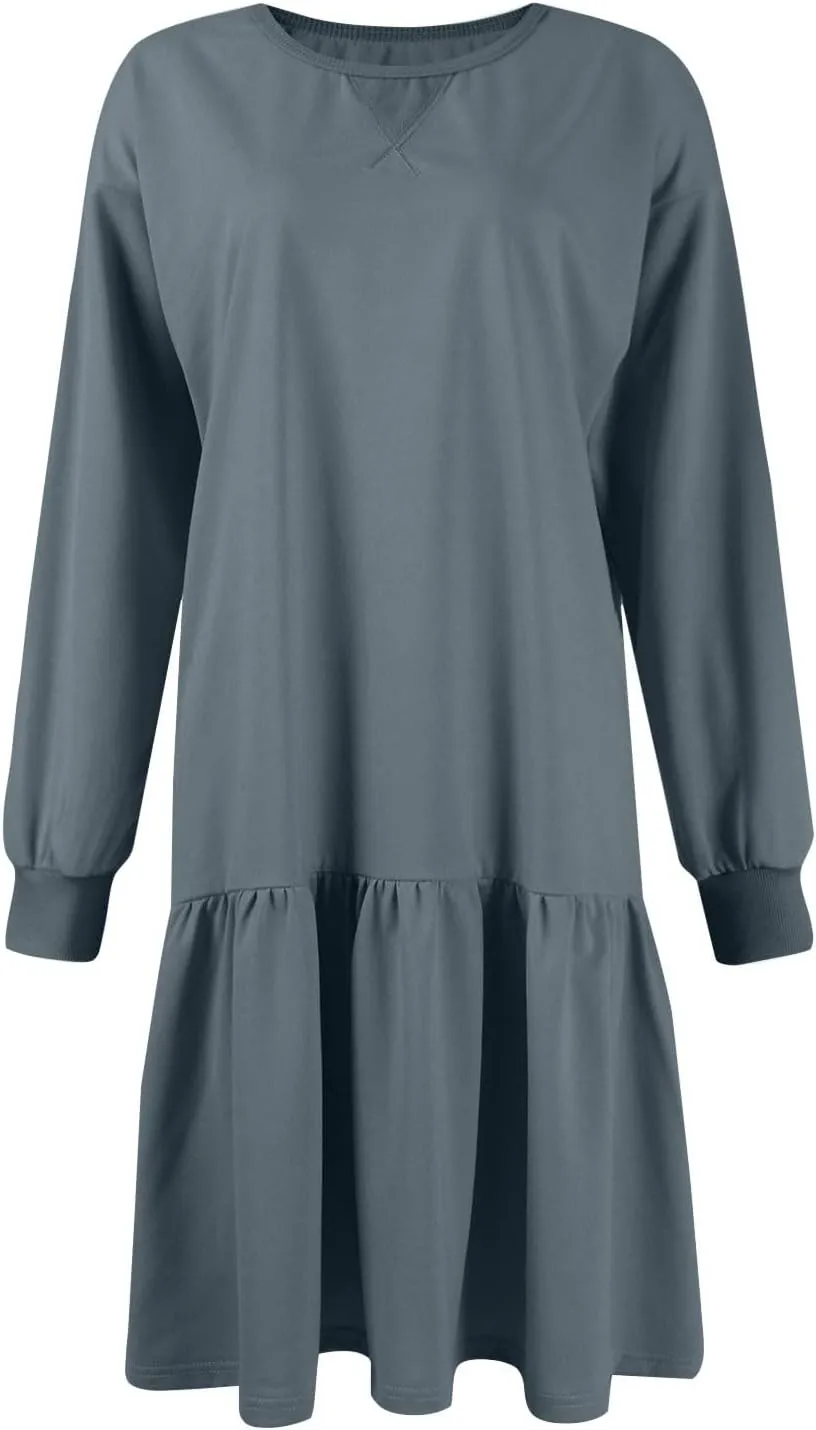 Womens Crewneck Long Sleeve Fall Dresses 2024 Trendy Mini Ruffle Skirts Casual Loose Patchwork Sweatshirt Pullover Tops