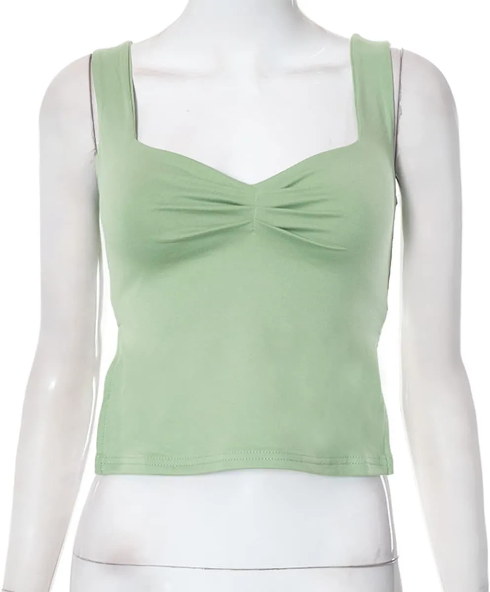 Womens Crop Sleeveless Sweetheart Neck Backless Pleated Tank Tops