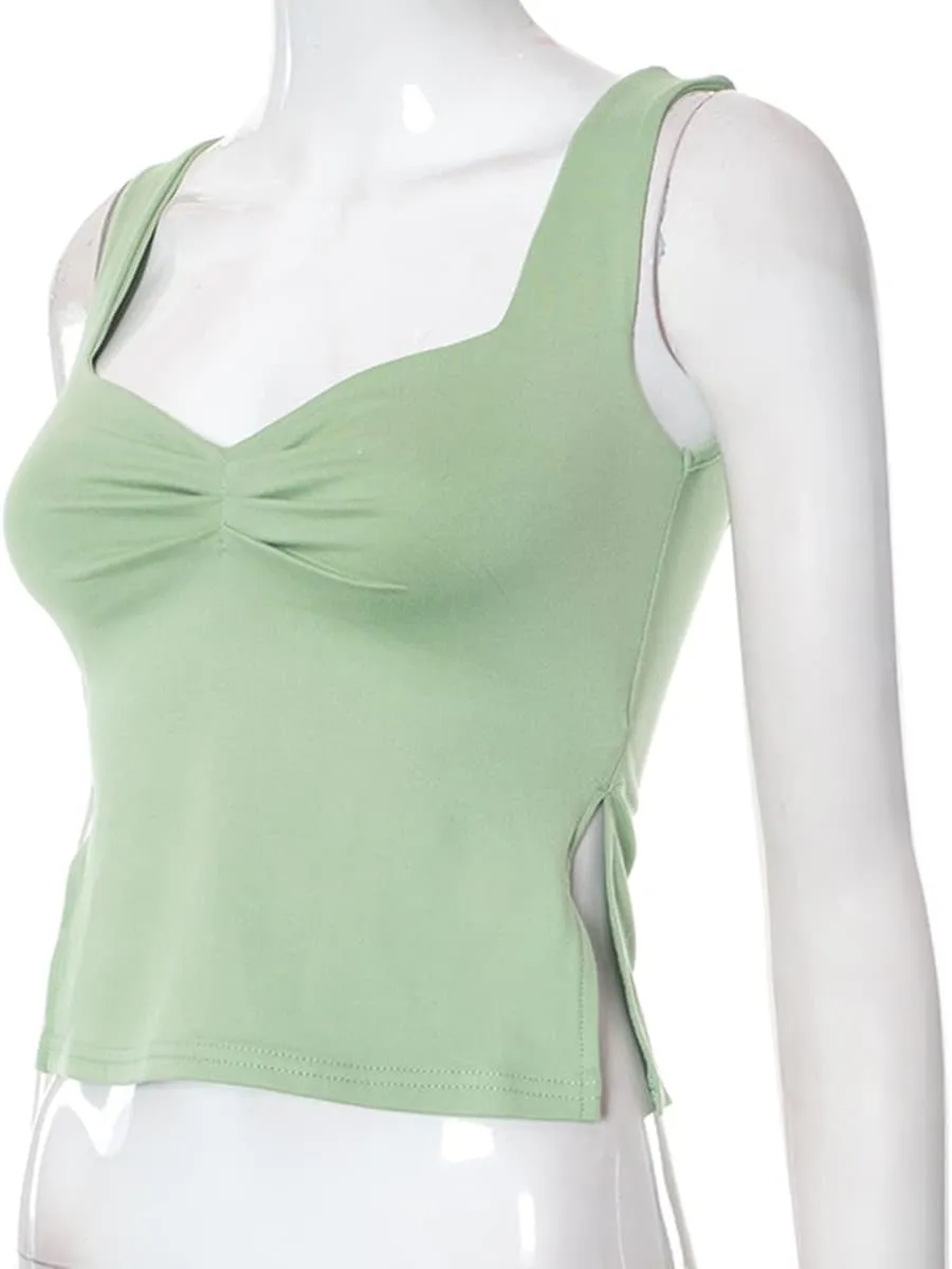 Womens Crop Sleeveless Sweetheart Neck Backless Pleated Tank Tops