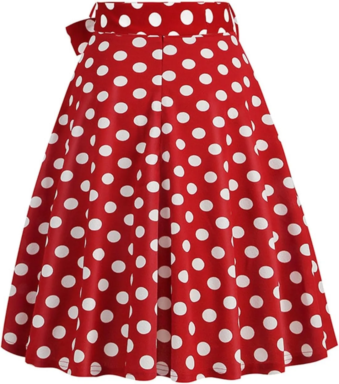 Womens Cute Polka Dot Skirts Elegant Bow Tie Lace-Up Summer Lightweight Comfy A-Line Pleated Midi Skirts