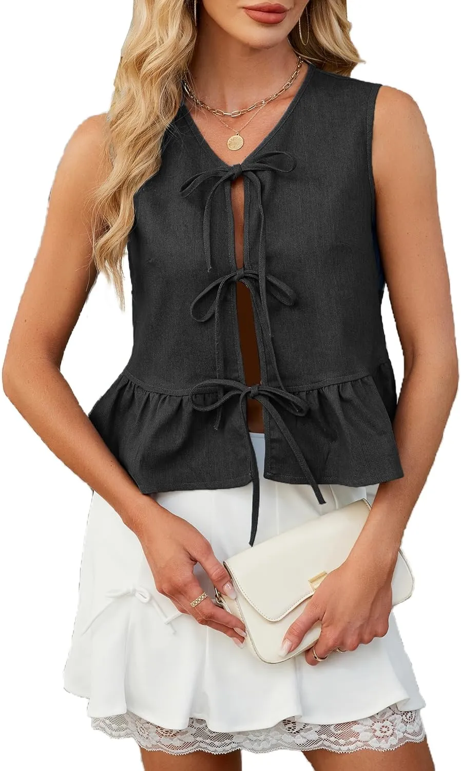 Women's Denim Vest Top Sleeveless V Neck Tie Front Jean Vest Summer 2025 Trendy Casual Waistcoat Y2K Peplum Tank Tops