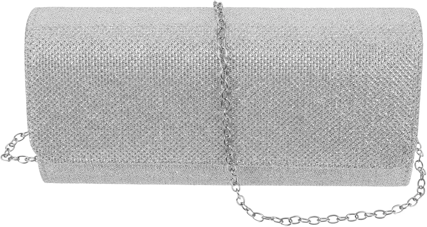 Women's Evening Bag Clutch Purse Sparkling Envelope Purse Silver Chain Bag for Prom Night Out