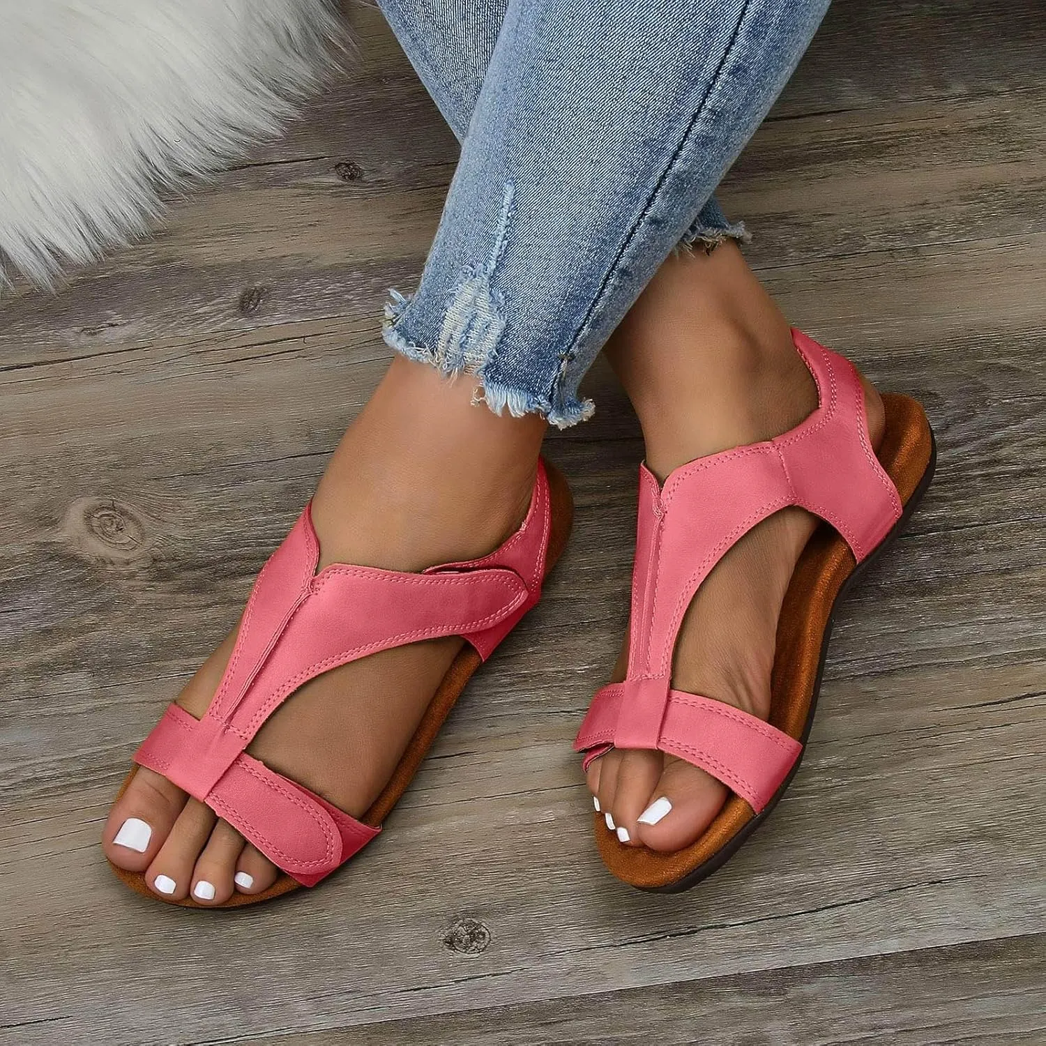 Womens Flats Leather Sandals Comfortable Adjustable Fit Summer Casual Walking Dress Elegant Shoes Fashion Vacation Formal Sandals