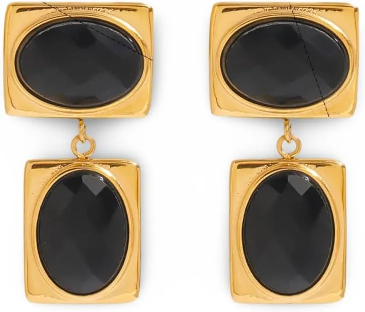 Women's Gold-Plated Stainless Steel Geometric Black Oval Glass Stone Dangle Earrings