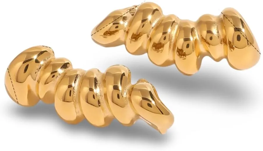 Women's Gold-Plated Stainless Steel Geometric Helix Stud Earrings, Segmented Ribbed Minimalist Design