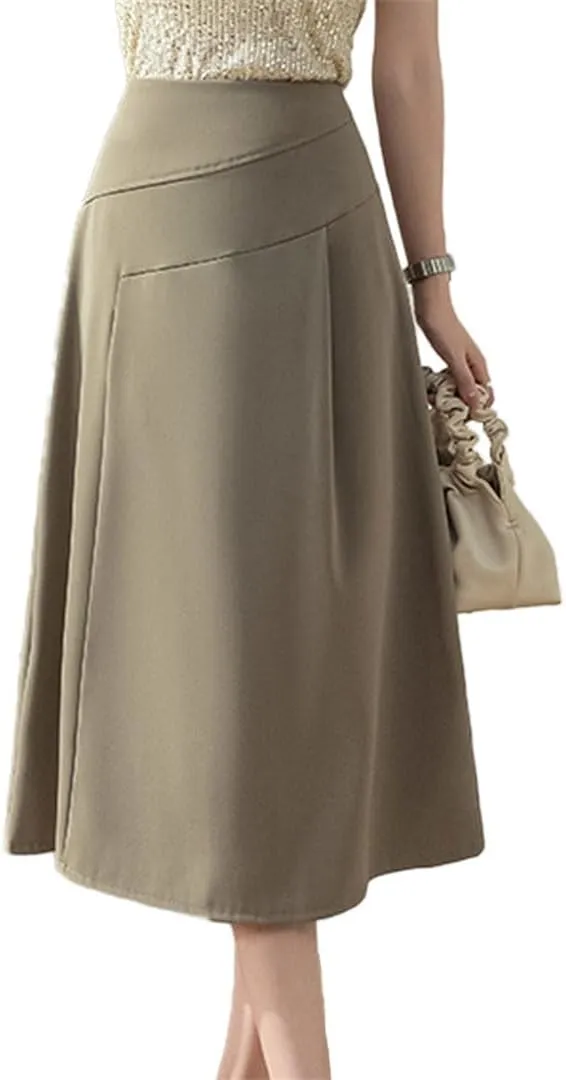 Women's High Waist A-Line Skirts All-Match Loose Midi Skirt Lady Summer Beach Style Pleated Skirts