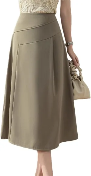 Women's High Waist A-Line Skirts All-Match Loose Midi Skirt Lady Summer Beach Style Pleated Skirts