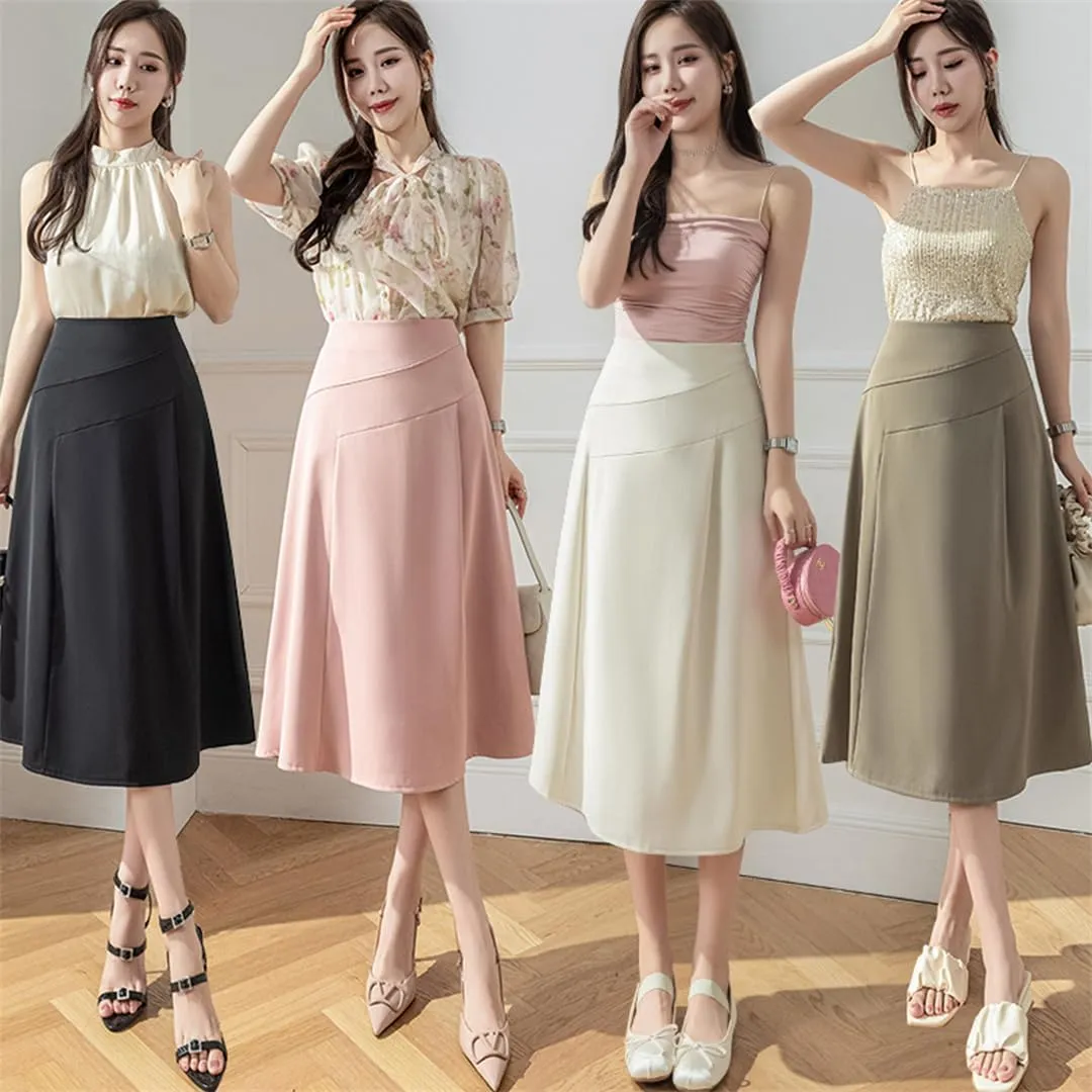 Women's High Waist A-Line Skirts All-Match Loose Midi Skirt Lady Summer Beach Style Pleated Skirts