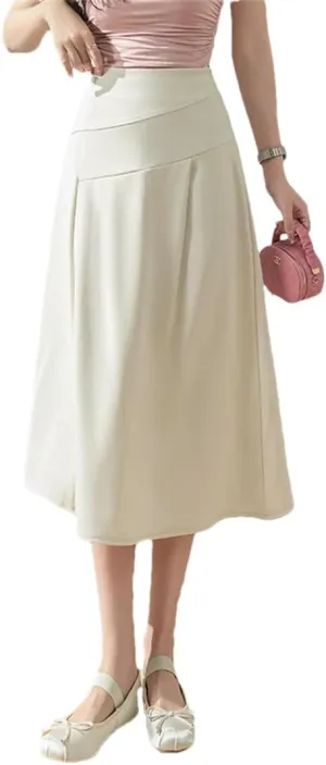 Women's High Waist A-Line Skirts All-Match Loose Midi Skirt Lady Summer Beach Style Pleated Skirts