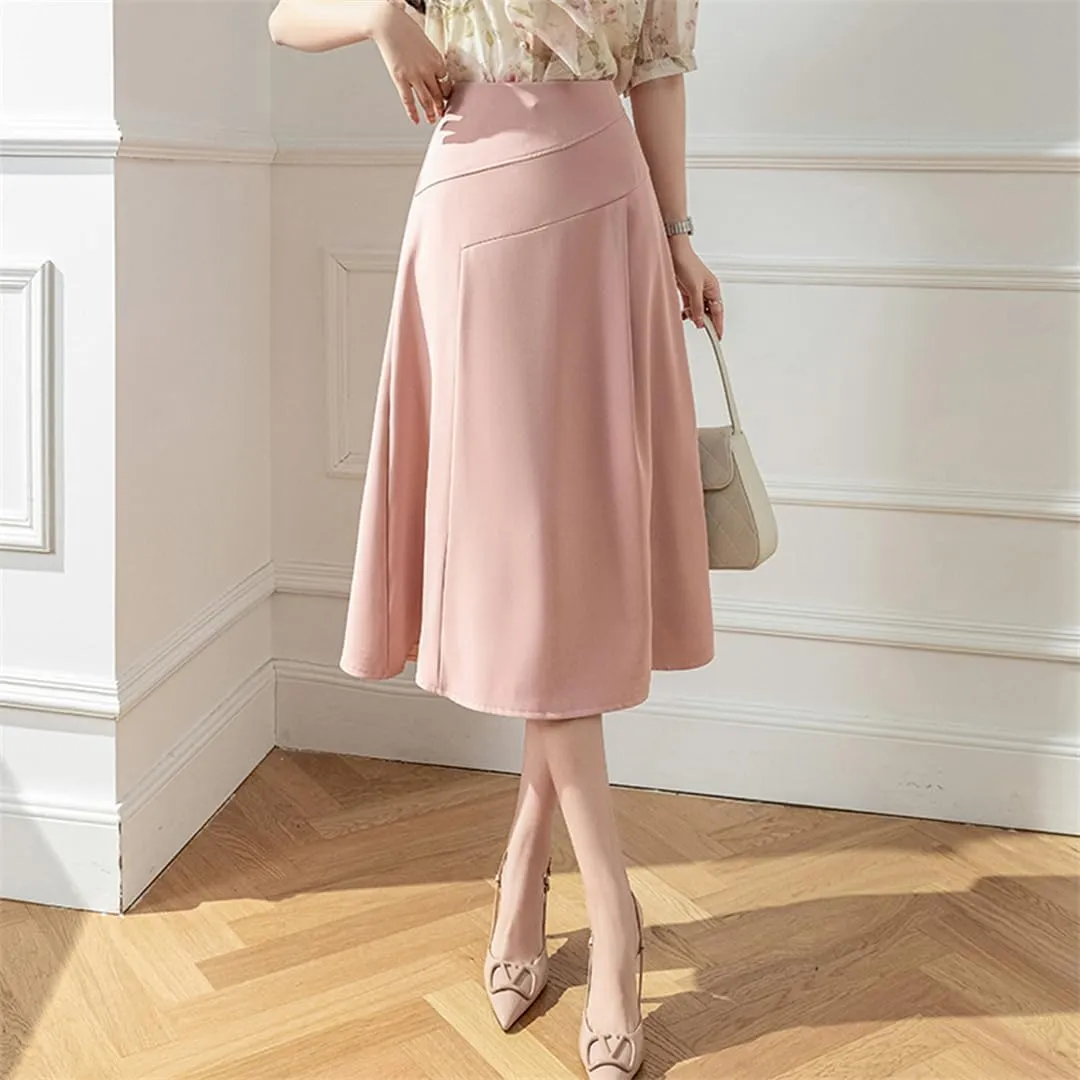 Women's High Waist A-Line Skirts All-Match Loose Midi Skirt Lady Summer Beach Style Pleated Skirts