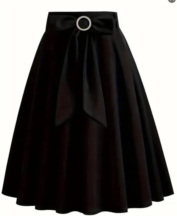 Women's High Waist A-Line Skirts Bow Tie Skater Flared Midi Skirt Evening Gown Prom Vinage Skirt