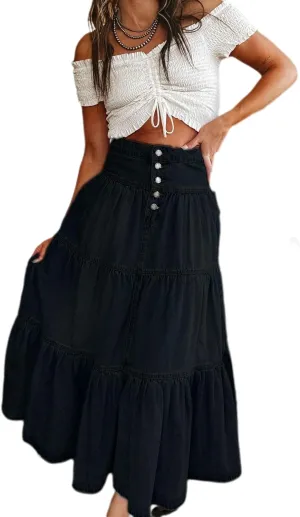 Women's High Waist Denim Skirt Button Down Boho Pleated Tiered Ruffle Jean Skirt Casual Flowy A Line Maxi Skirt