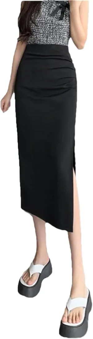 Women's High Waist Side Split Office Wrap Skirts Summer Solid Pleated Straight Midi Skirts