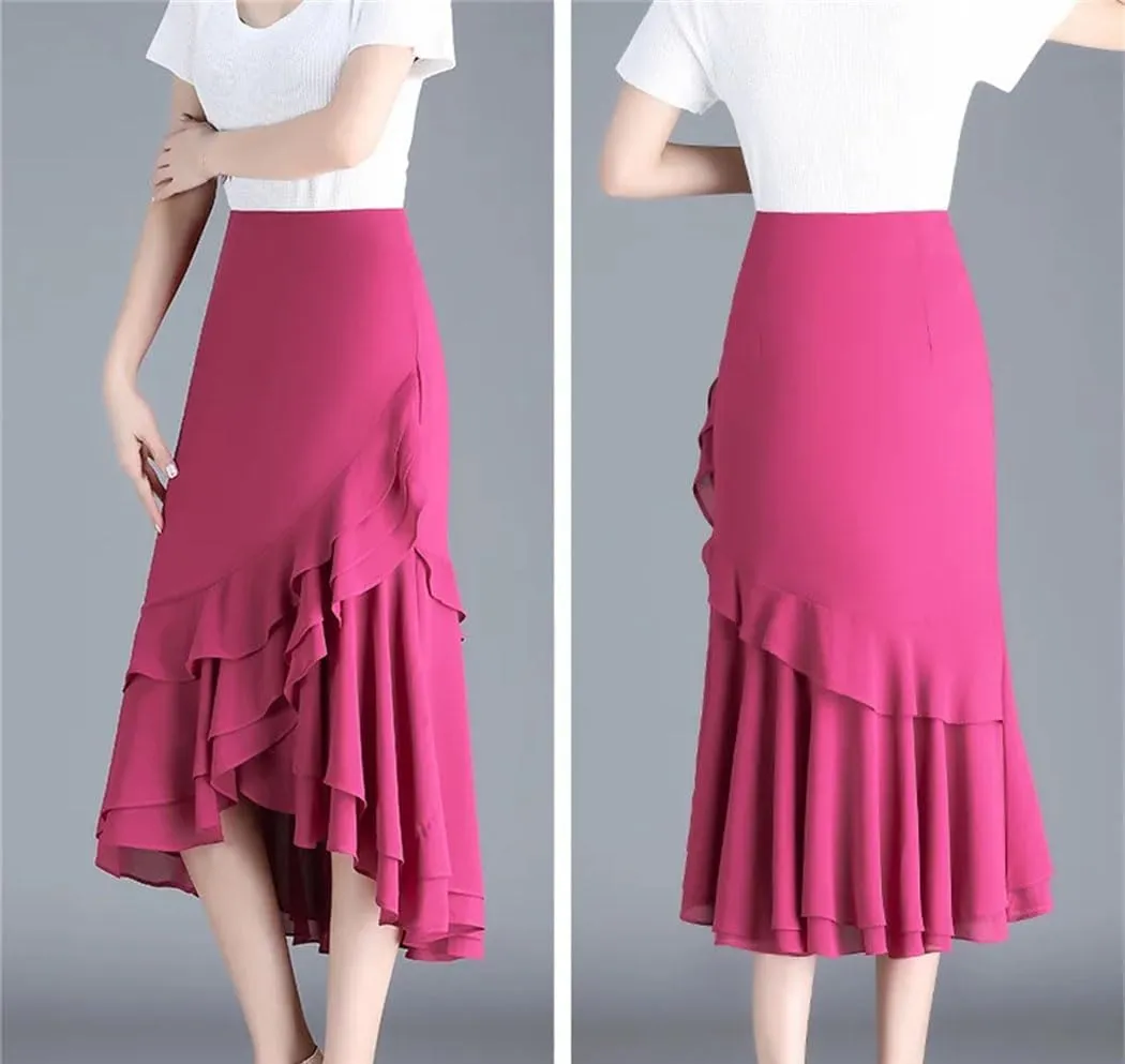 Women's High Waisted Chiffon Skirt Irregular Fishtail Ruffled One Step Wrap Skirts Summer Slimming Dress