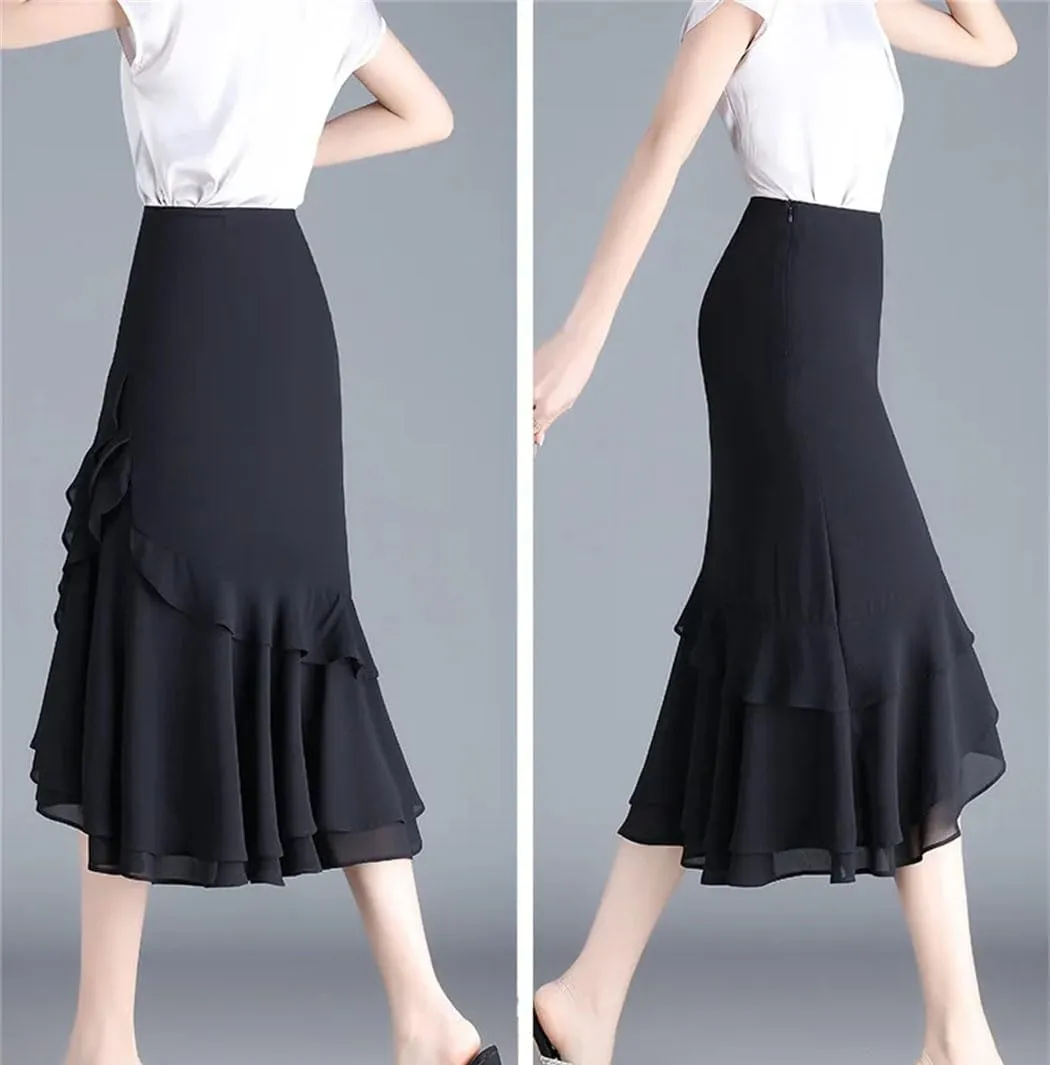 Women's High Waisted Chiffon Skirt Irregular Fishtail Ruffled One Step Wrap Skirts Summer Slimming Dress