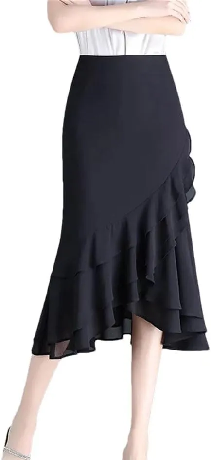 Women's High Waisted Chiffon Skirt Irregular Fishtail Ruffled One Step Wrap Skirts Summer Slimming Dress