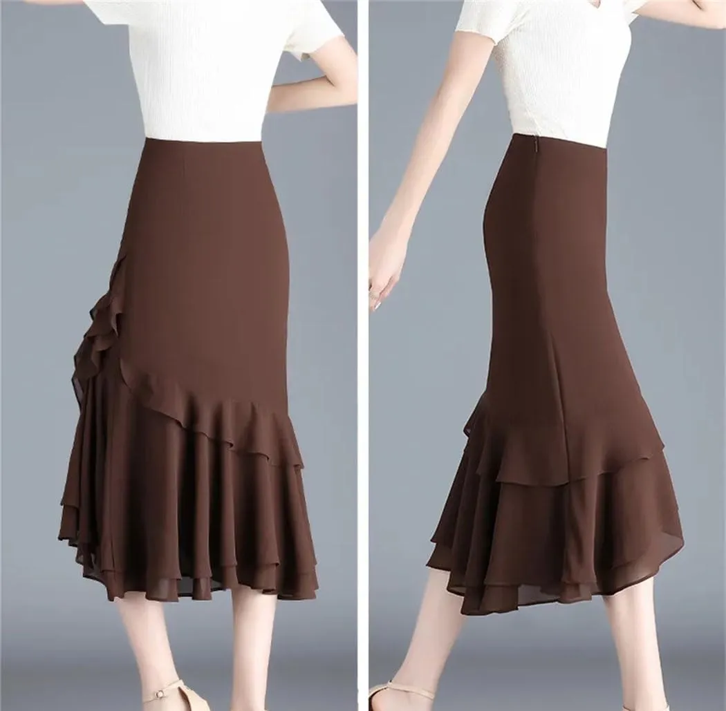 Women's High Waisted Chiffon Skirt Irregular Fishtail Ruffled One Step Wrap Skirts Summer Slimming Dress
