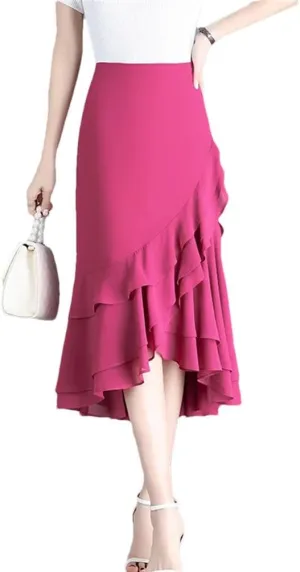 Women's High Waisted Chiffon Skirt Irregular Fishtail Ruffled One Step Wrap Skirts Summer Slimming Dress