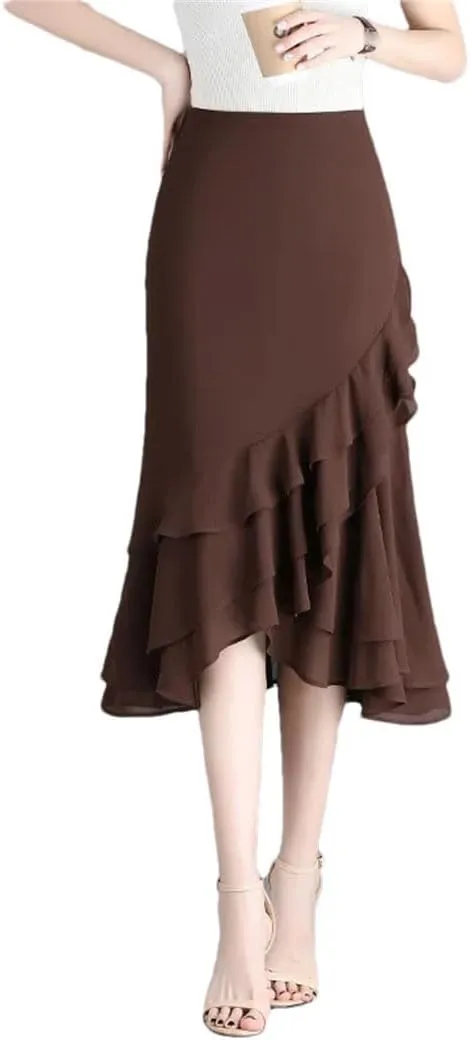 Women's High Waisted Chiffon Skirt Irregular Fishtail Ruffled One Step Wrap Skirts Summer Slimming Dress