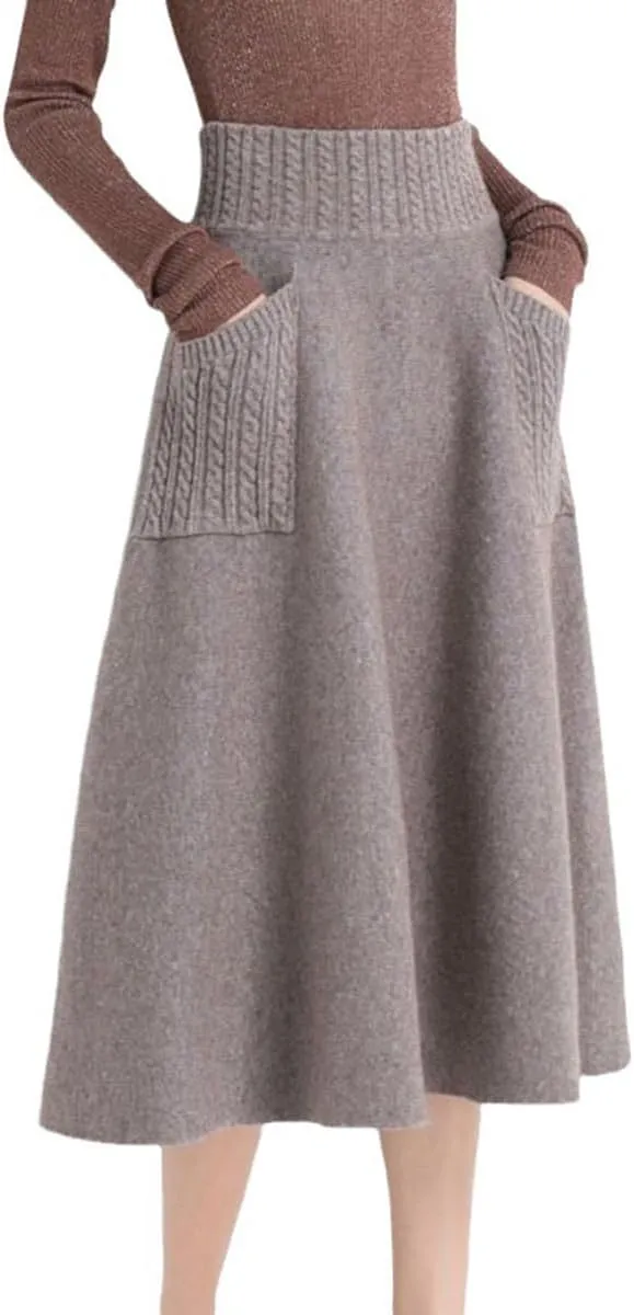 Womens Knit Midi Skirt with Pockets Elastic High Waist Pleated Skirt Fall Winter Long A Line Skirt