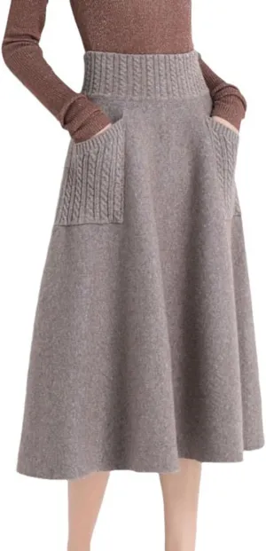 Womens Knit Midi Skirt with Pockets Elastic High Waist Pleated Skirt Fall Winter Long A Line Skirt