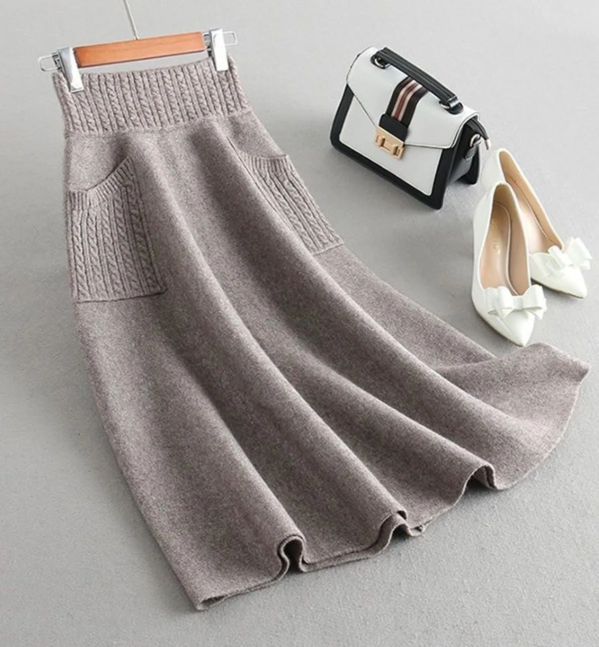 Womens Knit Midi Skirt with Pockets Elastic High Waist Pleated Skirt Fall Winter Long A Line Skirt
