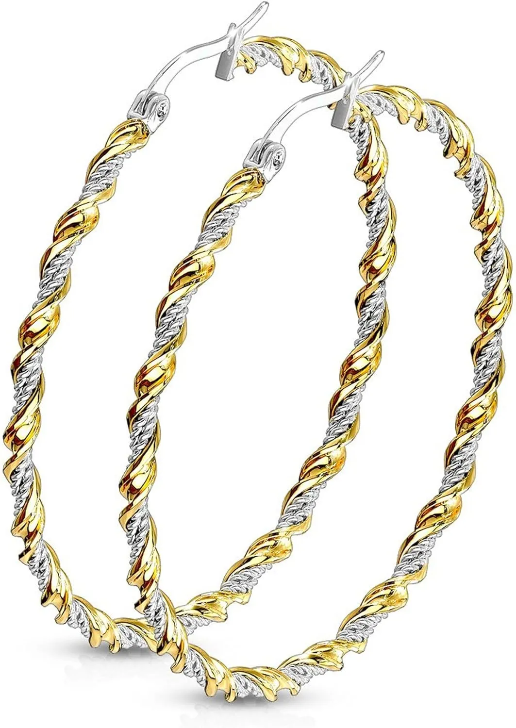 Womens Large Rope Chain Hoop Earrings Two Tone Gold PVD 316L Surgical Stainless Steel