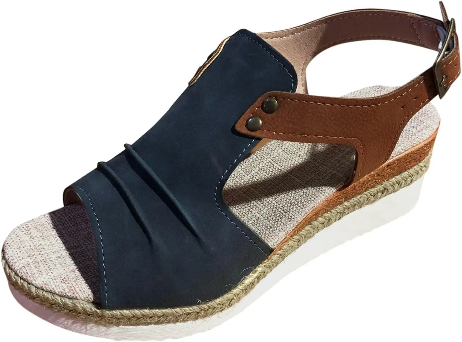 Womens Leather Orthopedic Wedge Sandals Platform Open Toe Side Hollow Out Breathable Sandal Summer Comfortable Walking Ankle Strap Slip on Travel Back Strap Shoes