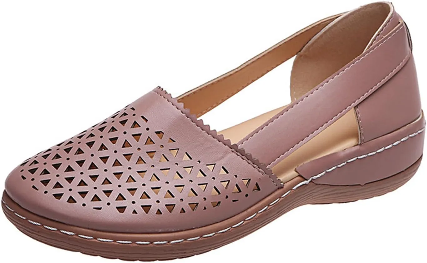 Womens Leather Sandals Comfortable Hollow Out Breathable Summer Flats Low Heel Travel Shoes Slip on Loafers Outdoor Walking Beach Sandals