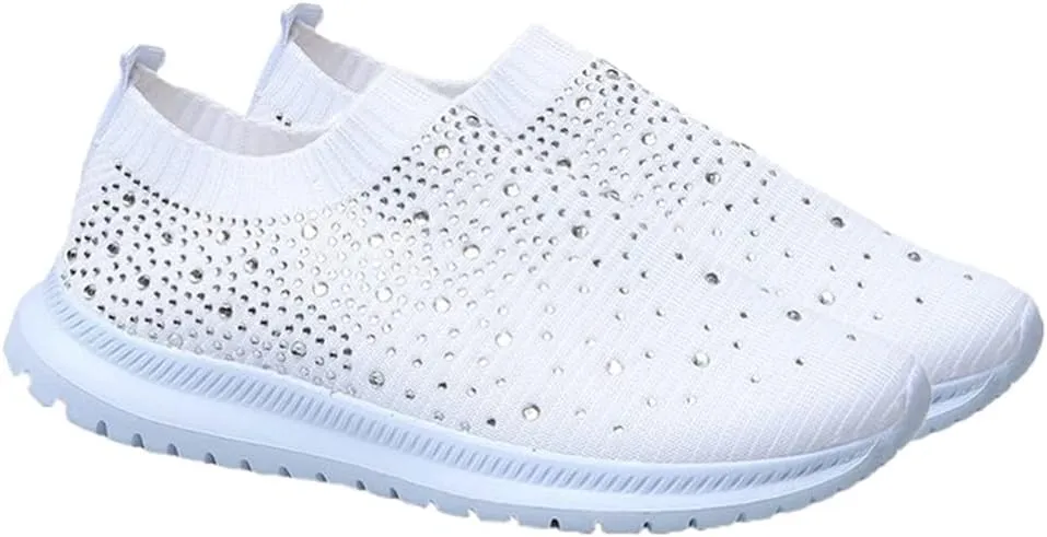 Womens Loafers Rhinestone On Sneakers Breathable Sock Shoes Mesh Walking Running Sports Shoes Platform Sneakers White
