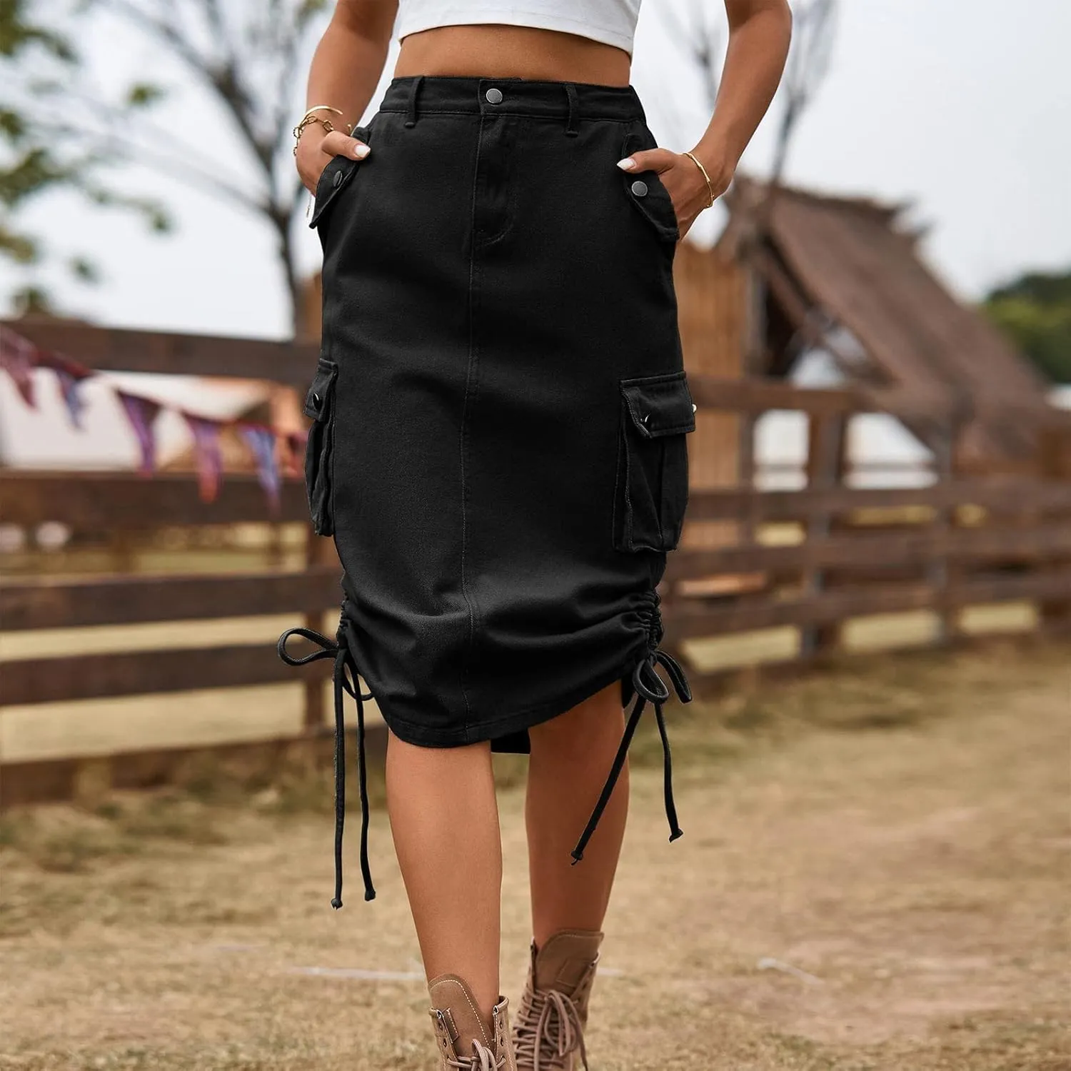Women's Low Waist Cargo Skirt 2023 Spring Summer Long Skirts Fashion Casual High Waist Denim Skirts Wrap Midi